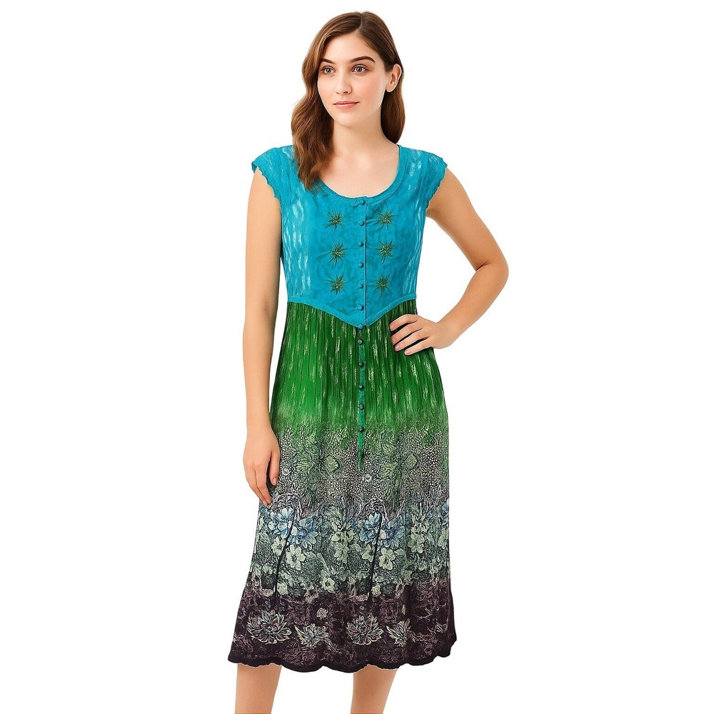 Forbidden Floral A-Line‎ Dress M Green Blue Beaded Embroidered Rayon Boho Midi